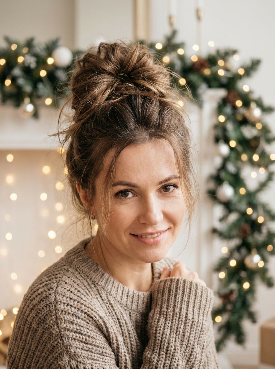 Lockerer Messy Bun mit Face-Framing-Strähnen - Weihnachtsfrisuren